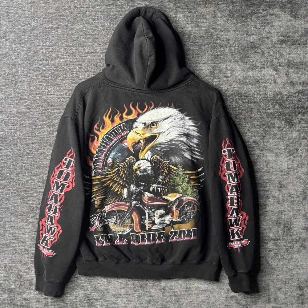 Pacific & Co Tomahawk Fall Ride 2011 Biker Hoodie Black Eagle Flames Mens Small - Picture 4 of 9